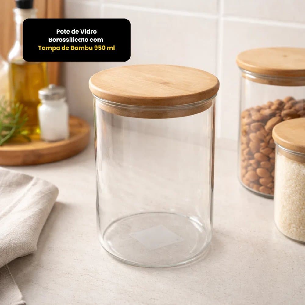 Pote de Vidro Borossilicato Resistente com Tampa de Bambu 950 ml Altura 18,5 cm