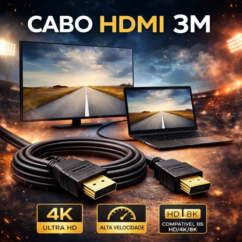 Cabo HDMI 3 Metros Preto Alta Qualidade Full HD para TV Monitor PC Notebook PS4 PS5