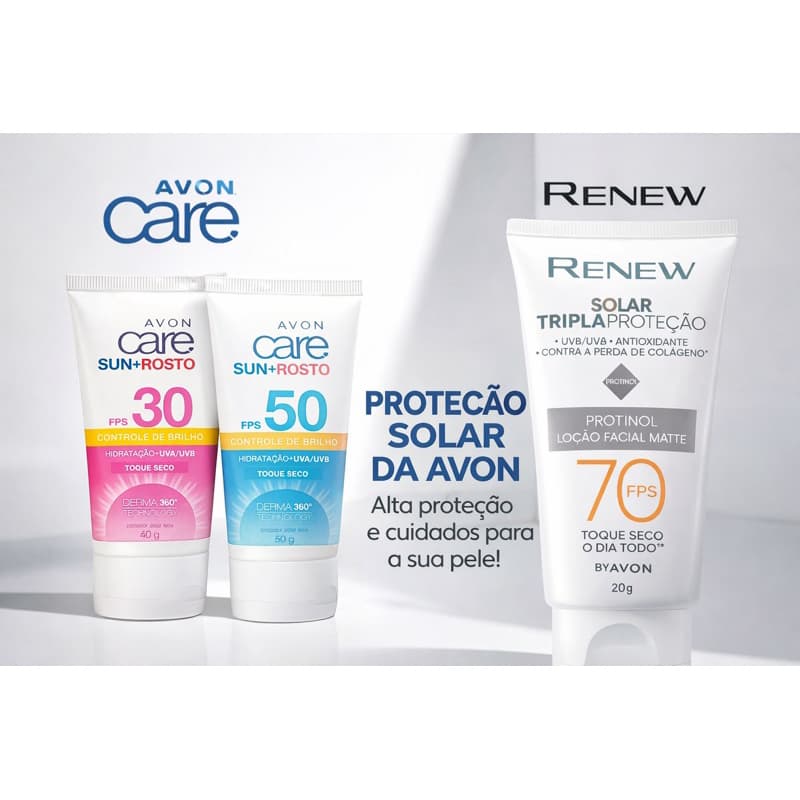 Protetor Solar Facial Avon Care FPS 30 / 50 Toque Seco Controle de Brilho • Renew FPS 70 Tripla Proteção Antissinais.