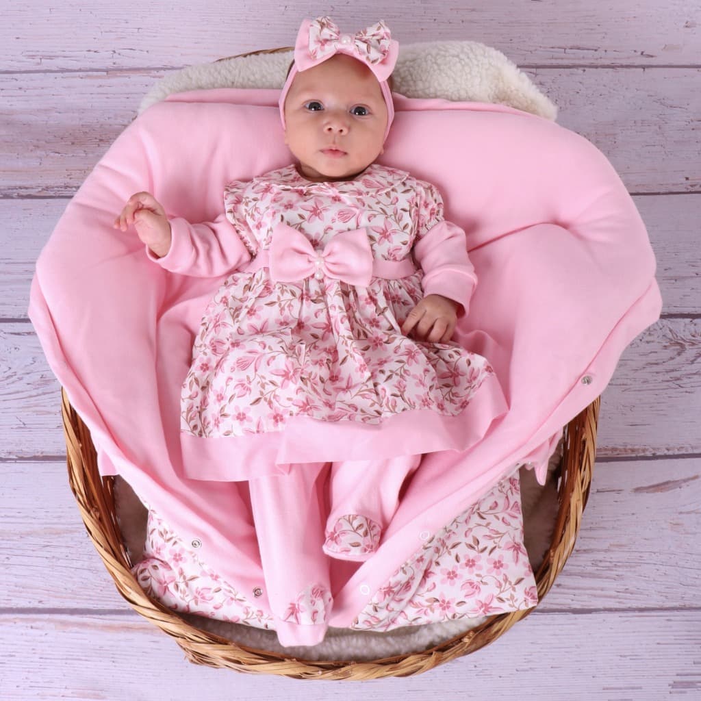 Saída Maternidade Bebê Menina Rosa Floral Com Saco Dormir Algodão Luxo Enxoval Completo Premium