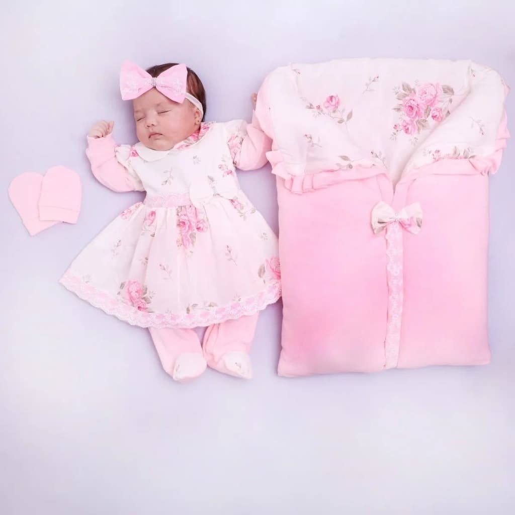 Saída Maternidade Bebê Menina Rosa Com Saco Dormir Algodão Luxo Enxoval Completo Premium Infantil