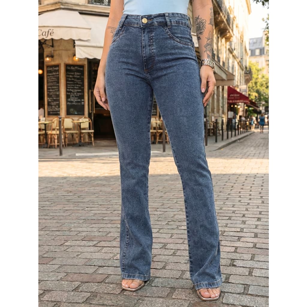 Calça Jeans Feminina Flare Cintura Alta com Lycra Tecido Encorpado Confortável Modelo Levanta Bumbum