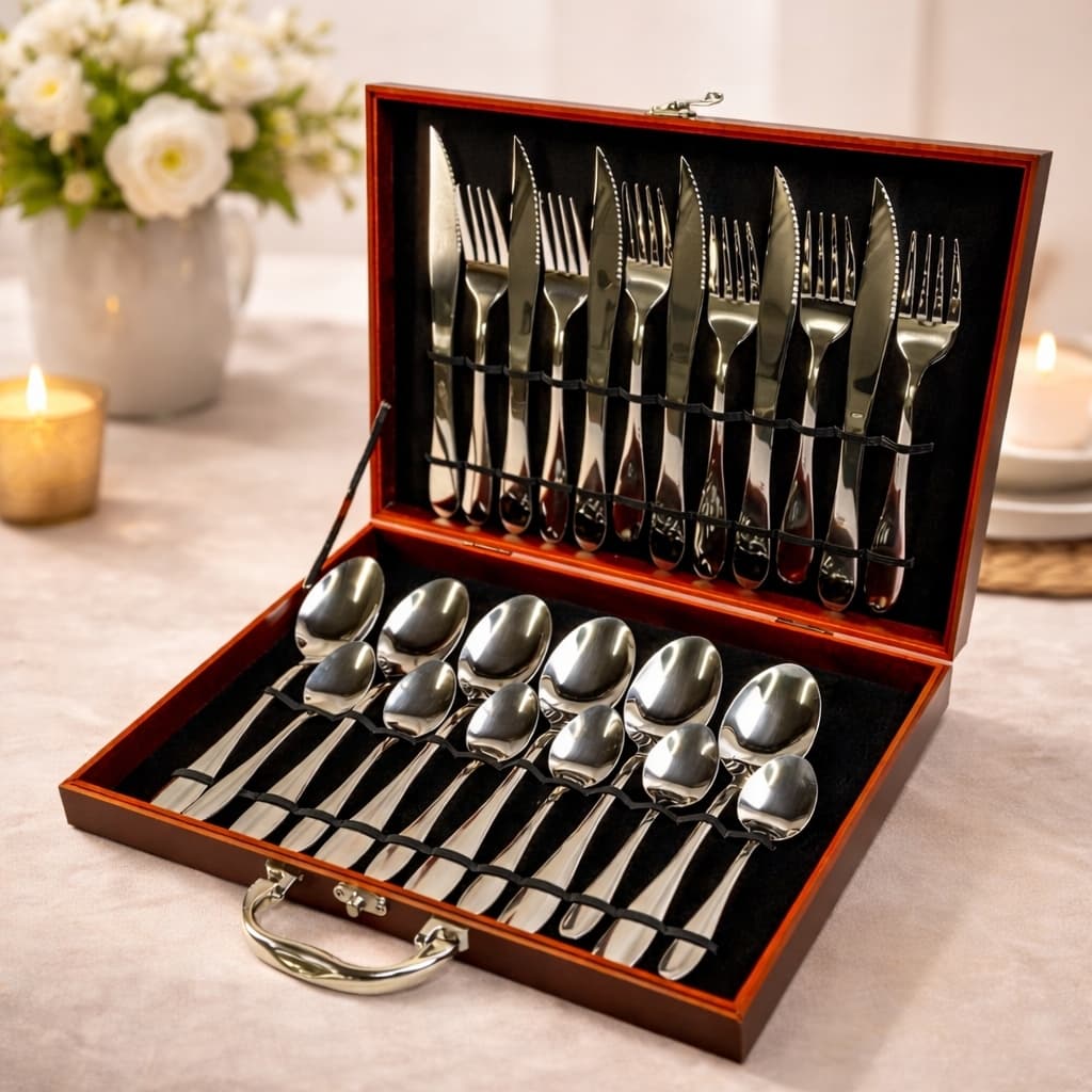 Conjunto de talheres inox 24 peças com Maleta organizadora faqueiro para presente mesa posta faqueiro portátil inox