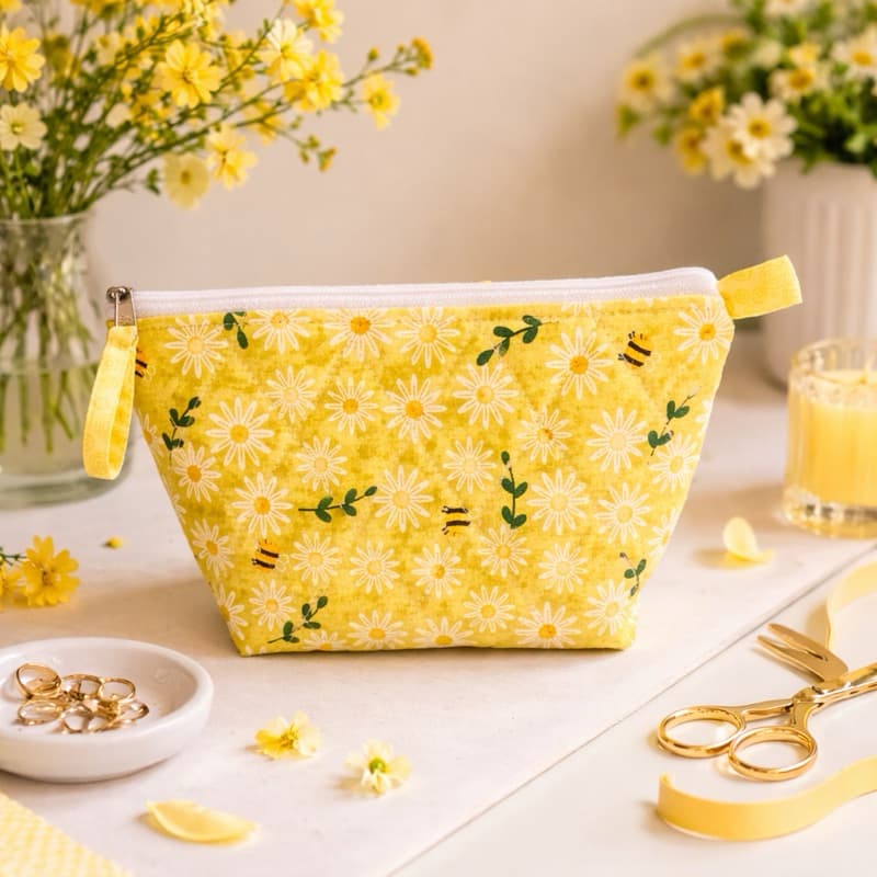 Bolsa Necessaire Organizador de Maquiagem Feminino Margaridas Amarela
