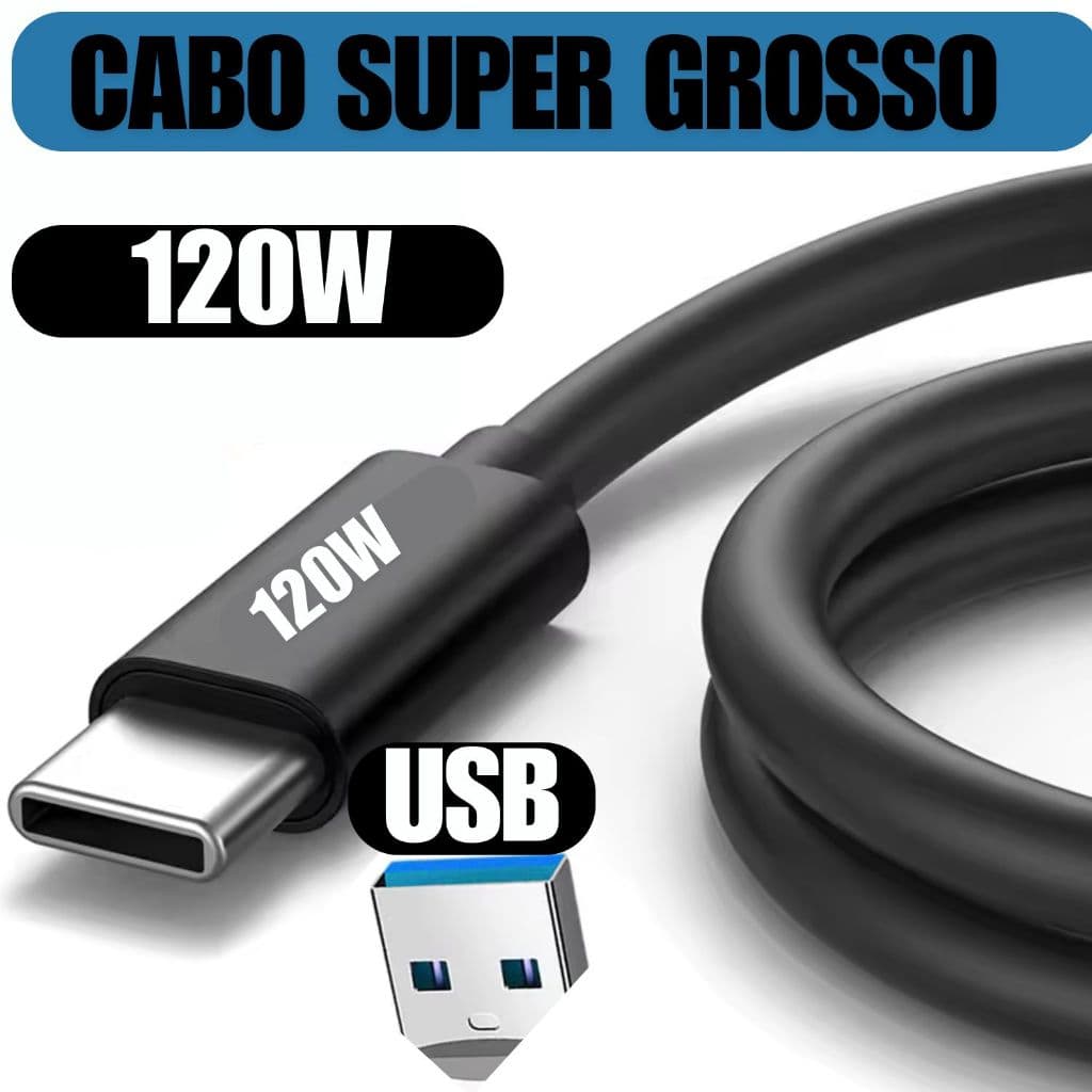 1 2 OU 3 Cabo Turbo SUPER GROSSO 120w USB-TIPO C para IPHONE 15 16 MOTO G Y Z REDMI POCO PAD SAMSUNG