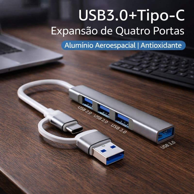 Hub USB-C / USB com 4 Portas USB 3.0 – Alta Velocidade e Design Premium