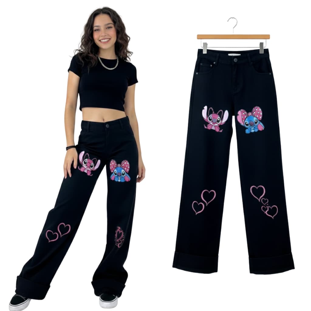 Calça Jeans Feminina Wide Leg Destroyed Preta Stitch Juvenil Estilo Gringa Moda Para Menina