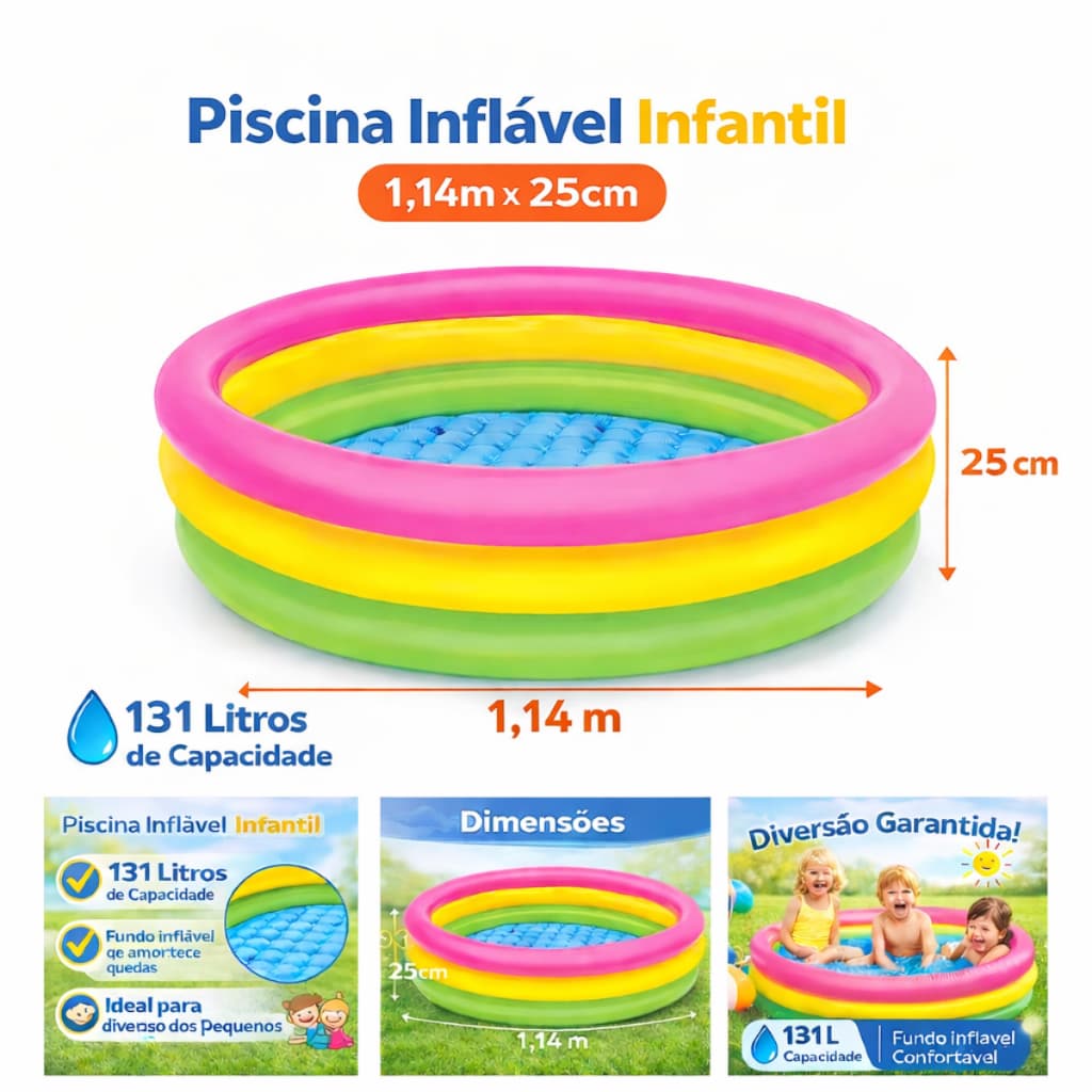 Piscina infantil com 3 anéis e fundo inflável