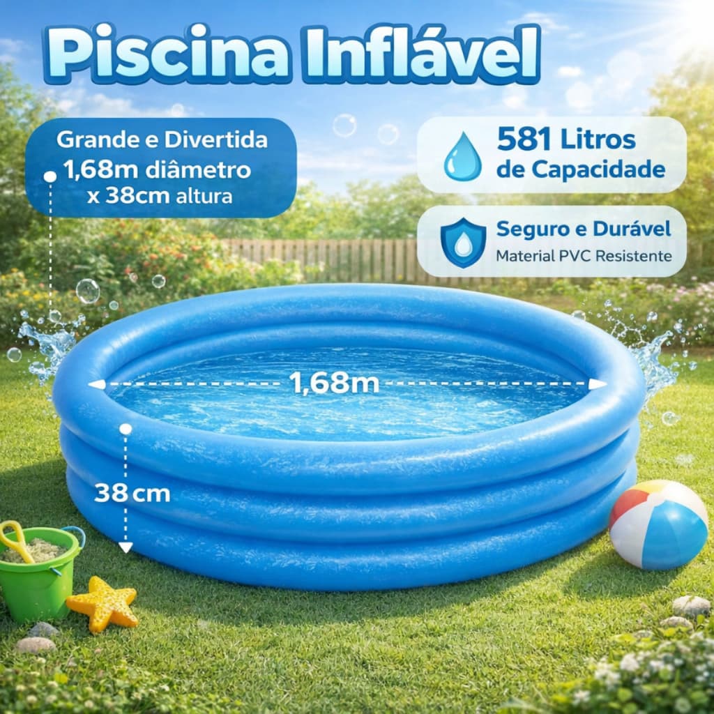 Piscina Infantil Redonda 3 anéis infllável com 581 Litros Azul
