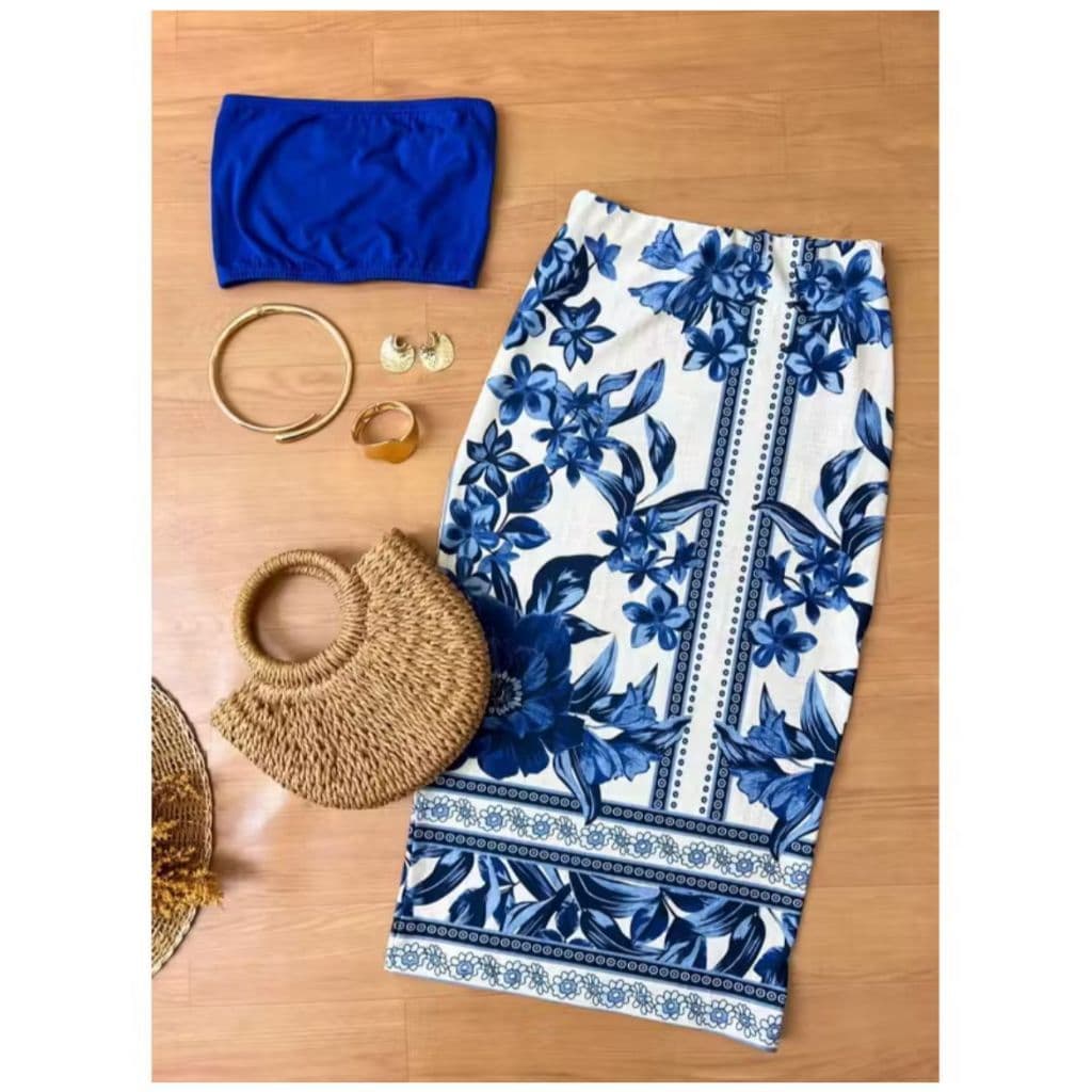 SAIA MIDI - Saia Feminina Lapis Tendencia Estampada Fa Flores Tucano Tropical Azul