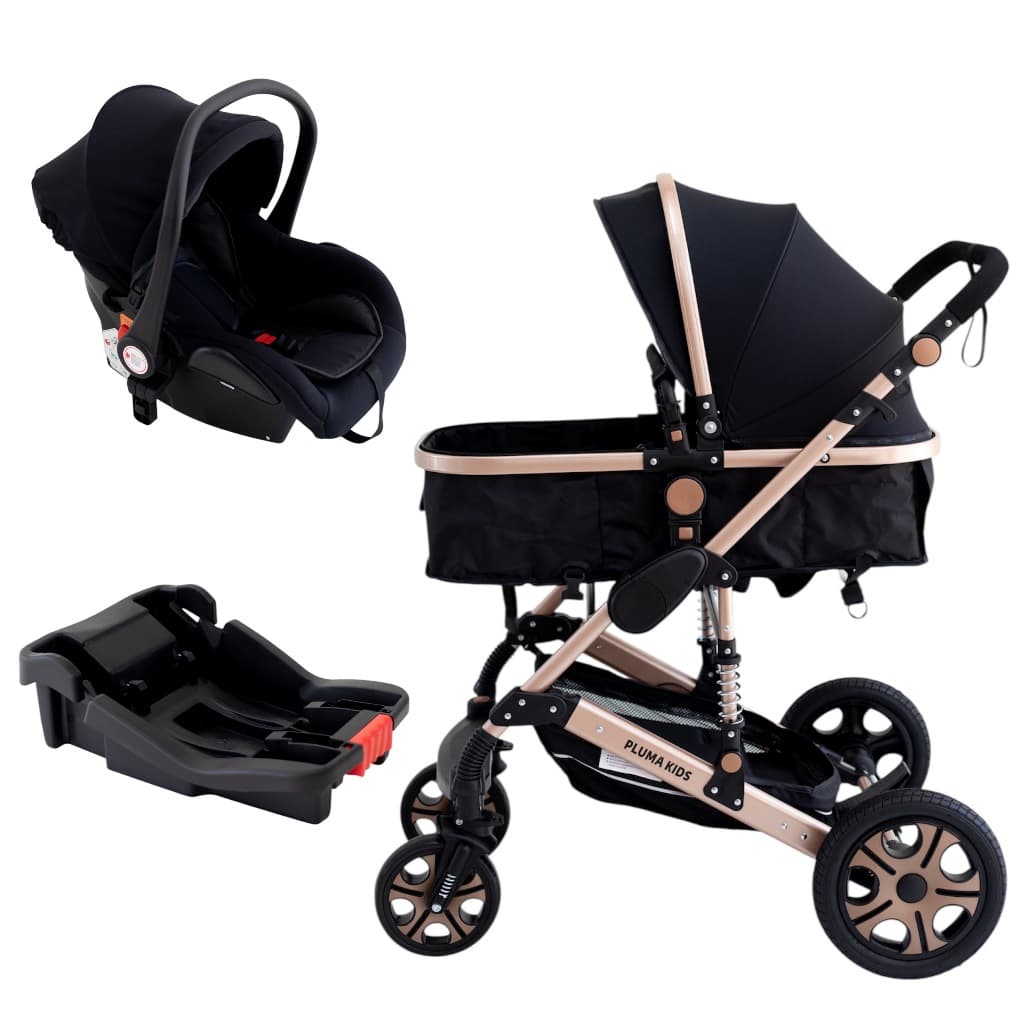 Carrinho De Bebê Europeu Luxo 3 em 1 Pluma Kids com Amortecedor + Moisés Berço + Bebê Conforto e Base Veicular