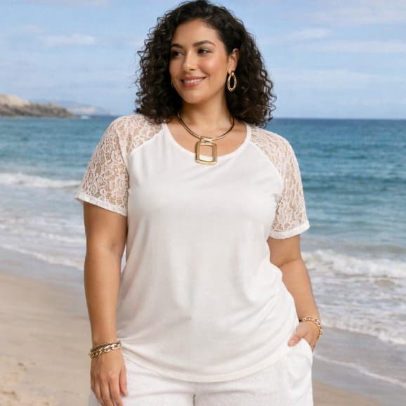 Blusa Básica Plus Size Malha Recorte Ombro Renda 46 ao 54