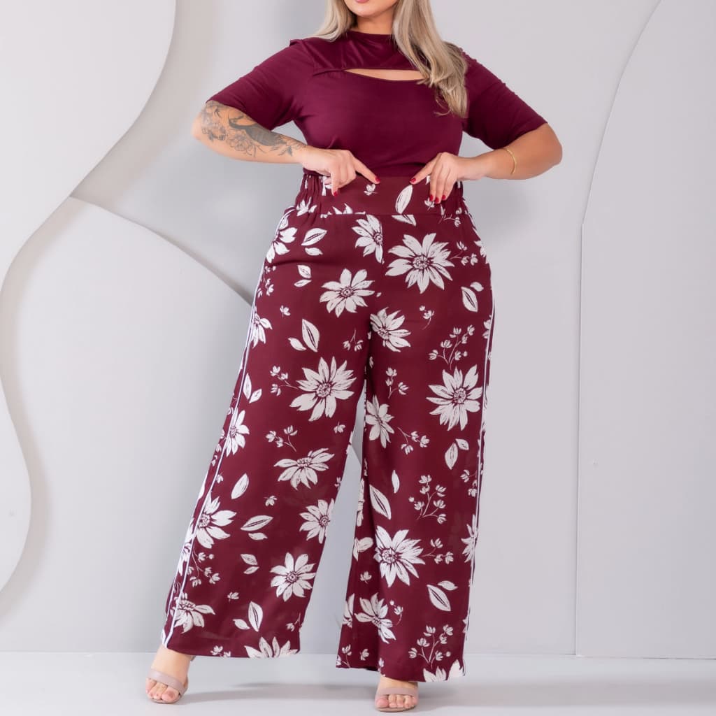 Calça Pantalona Plus Size Feminina crepe estampado elegante cintura alta detalhe faixa e bolso latereral tamanho grande