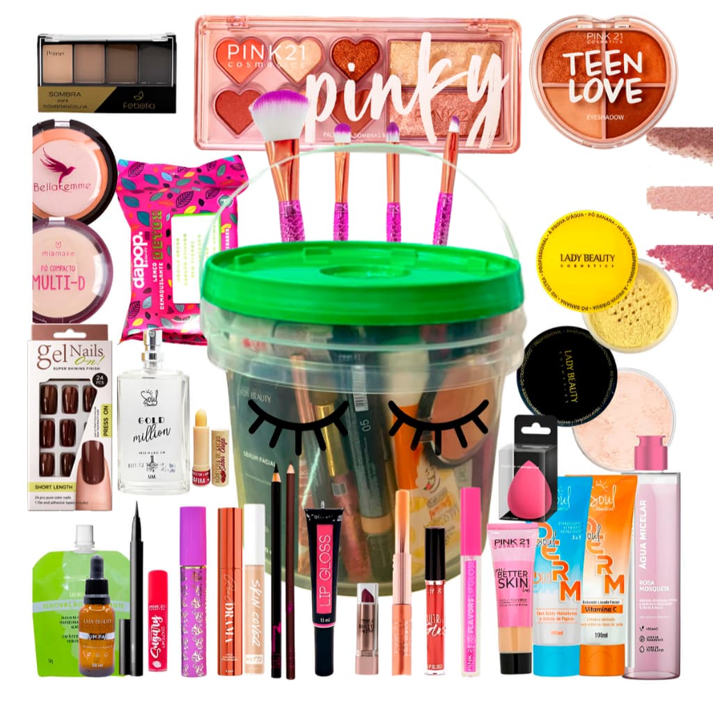 Kit Balde De Maquiagem Batom Paleta De Sombra Acessórios