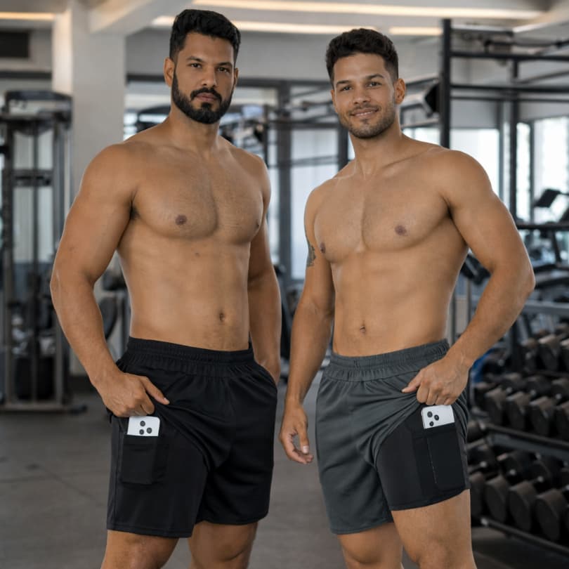 Kit 2 Bermuda Masculino 2 Em 1 Fitness Com Bolso Interno Para Celular Academia Corrida Treino