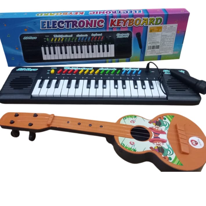 Teclado Musical  + Violão Infantil de Brinquedo Piano com microfone Kit musical