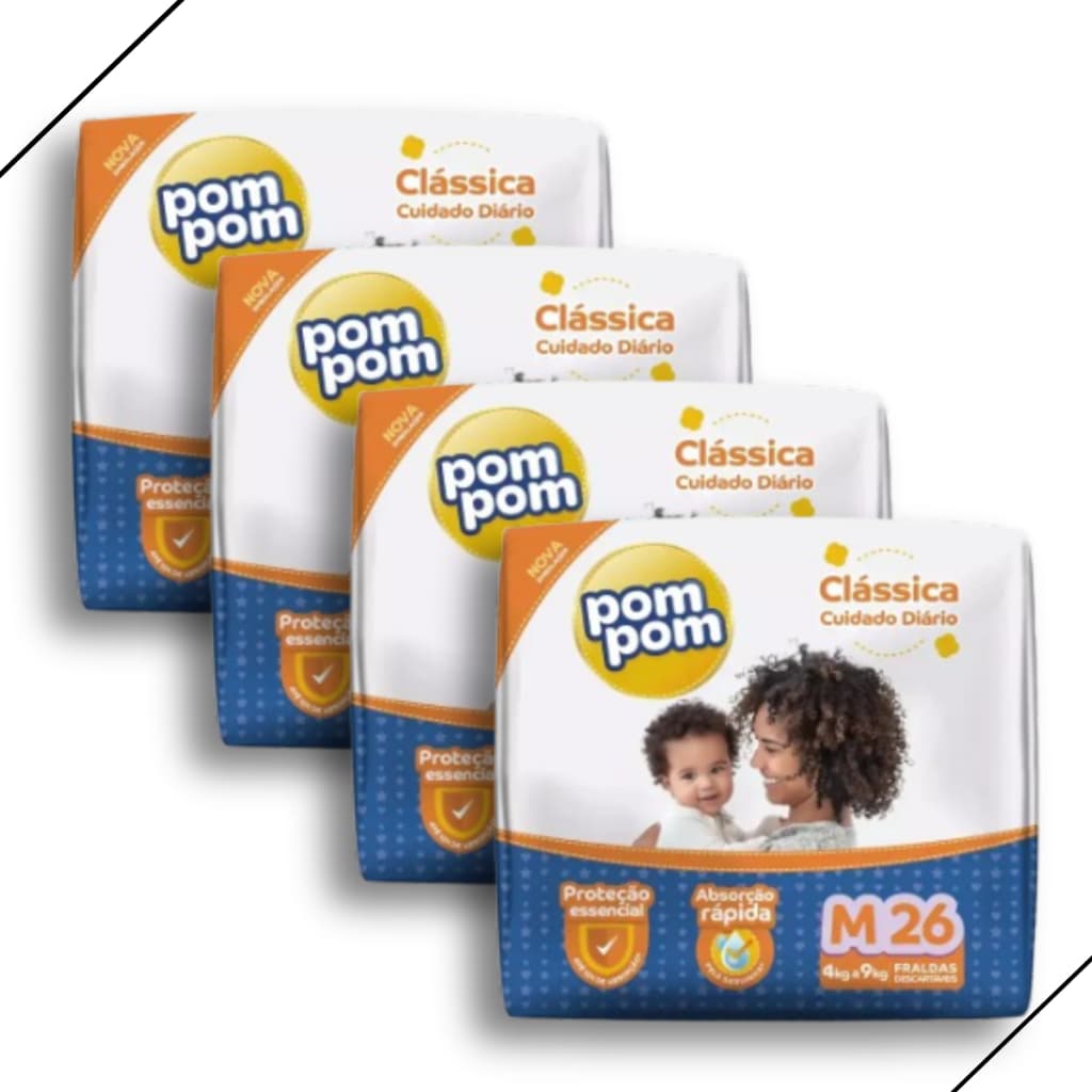 Kit 4 Fralda Descartável Pom Pom Clássica Jumbo Tamanho M - Total 104 Unidades