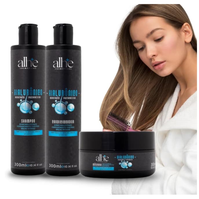 KIT CAPILAR HIALURÔNICO ALHE COSMÉTICOS RESTAURA E HIDRATA CUIDADO COMPLETO COM SEU CABELO 3 ITENS