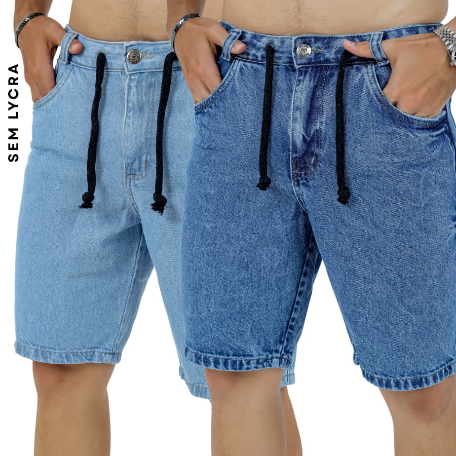 Bermuda Jeans Sem Lycra Com Cordão Pouco Detonada Não Estica - 100% algodão - Short Jeans Masculino