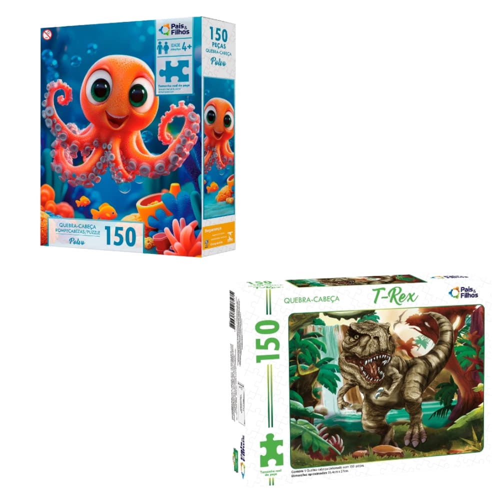 kit 2 quebra cabeças 150 peças infantil- T-Rex e Polvo Fundo do Mar