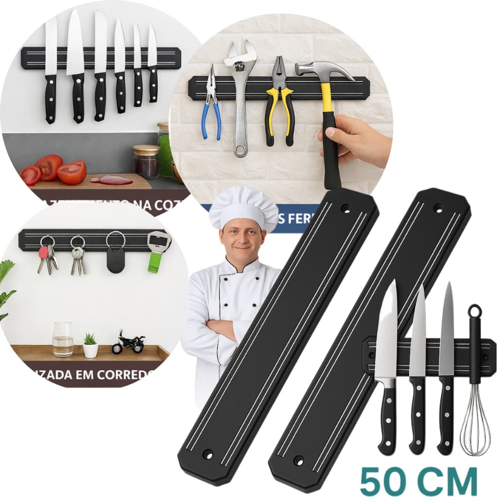 Kit 2 Barra Magnetica Para Facas 50 Cm Suporte De Cozinha Forte Organizador Ferramentas Inox Imã