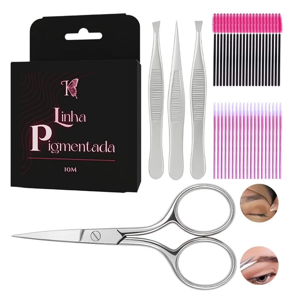 Kit Design de Sobrancelha Iniciante com Pinça Linha Pigmentada Tesourinha Escova