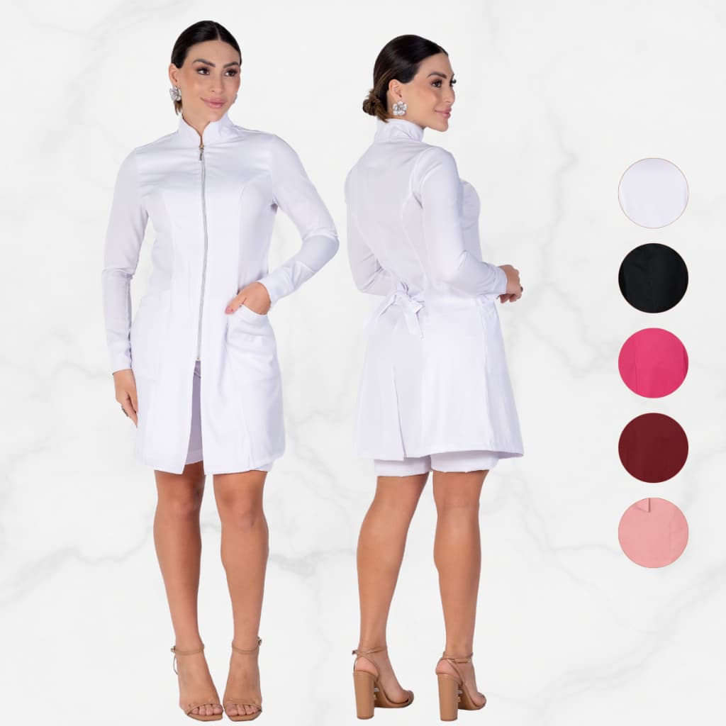Jaleco Feminino Gola Padre Slim Acinturado Zíper Manga Longa Elastano Profissional Saúde Estética