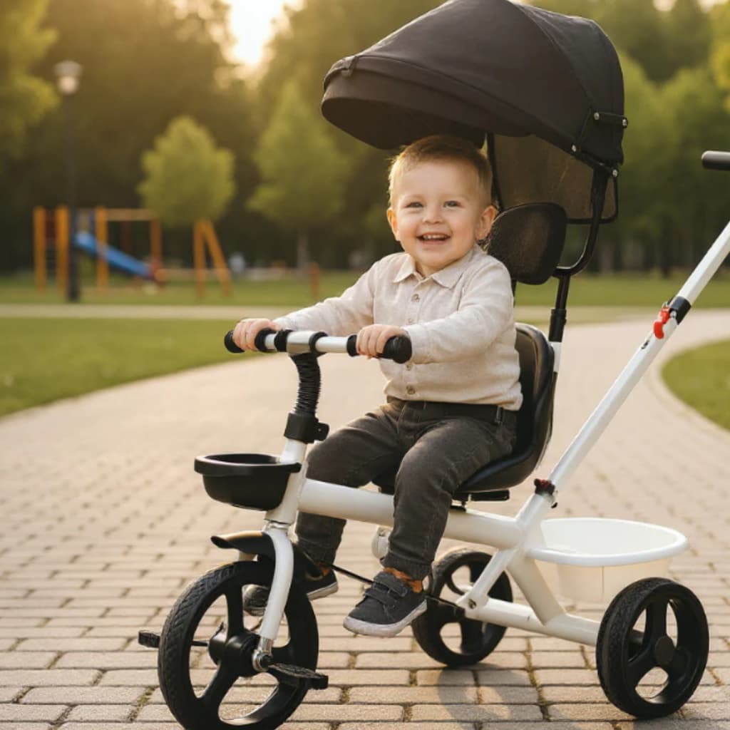 Triciclo Infantil Comfort Branco com Empurrador com Capota e Assento Anatômico Seguro e Confortável