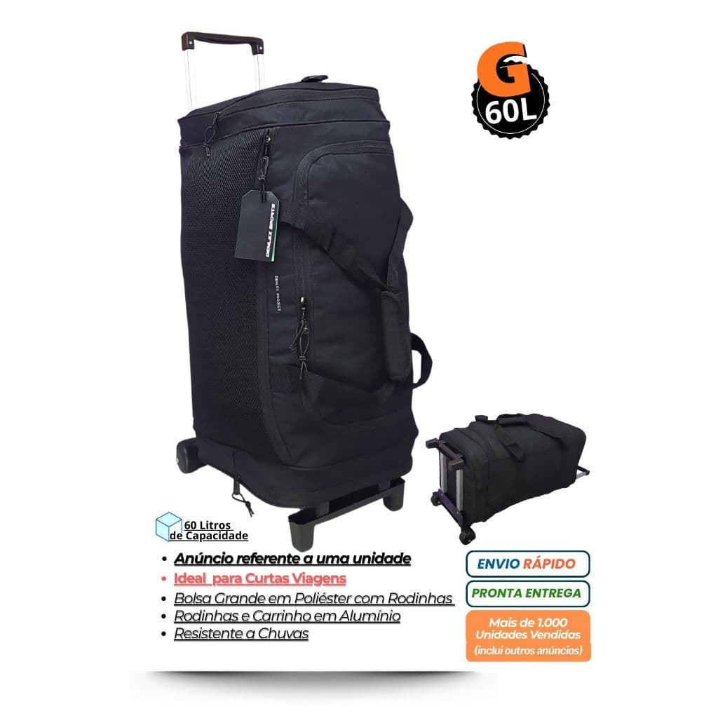 60L - Bolsa Mala de Viagem Denlex Esportiva Com Carrinho Grande Importada