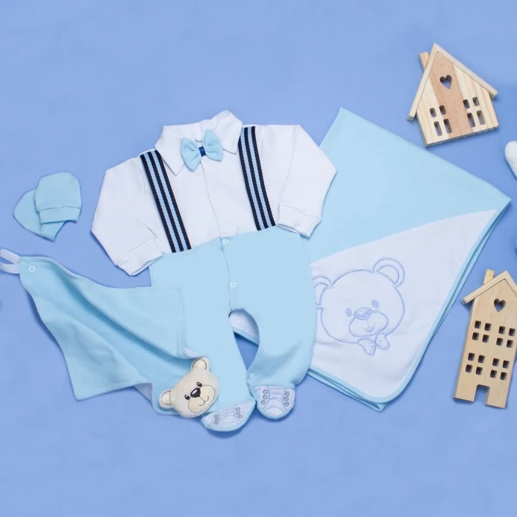 Saída Maternidade Bebê Menino Suspensórios Azul Conjunto Masculino Algodão Enxoval Infantil Premium