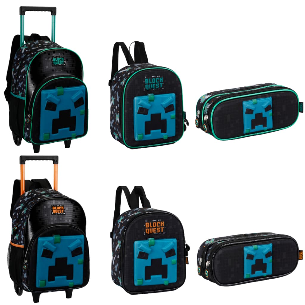 Kit Escolar Infantil Menino Gamer Mundo dos Blocos Mochila de Rodinhas Lancheira Térmica Estojo e Garrafa