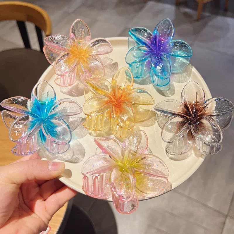 Presilha de cabelo de 8 cm com flor colorida degradê de glitter - Material acrílico