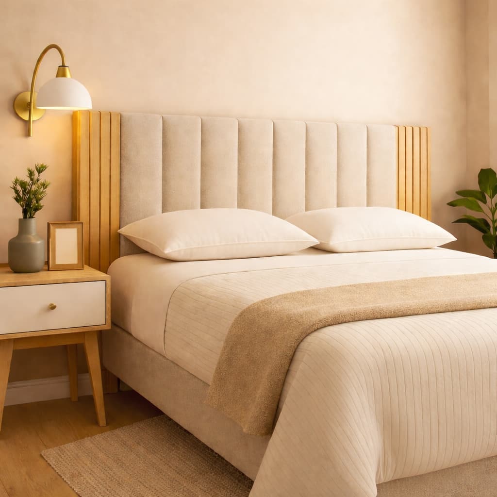 Cabeceira + Ripado Estofada com Painel Ripado MDF para Cama Solteiro, Casal, Queen e King