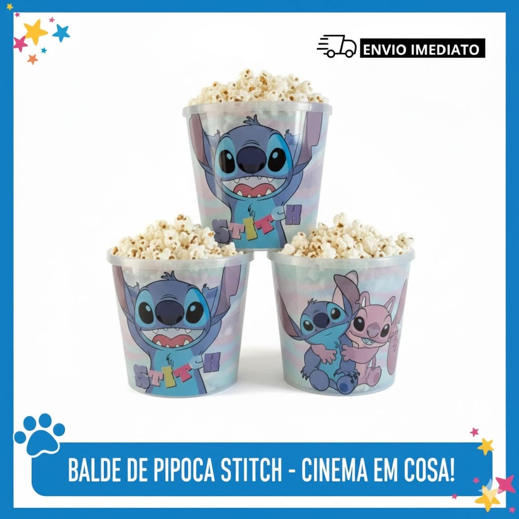Balde para Pipoca do Stitch Disney Cinema em Casa Presente Infantil adulto