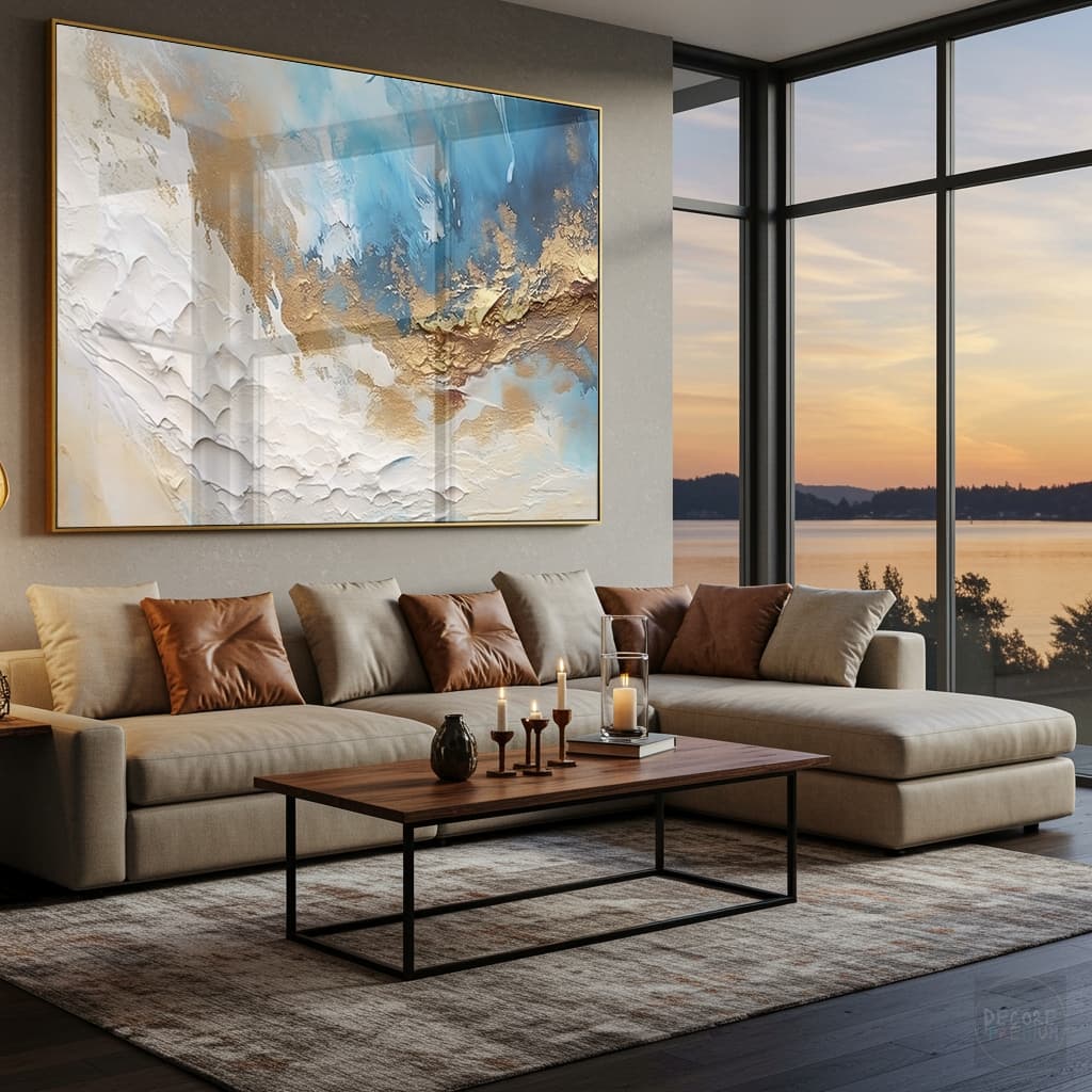Quadro Abstrato Azul Dourado Efeito Pintura Branco Elegante Luxuoso Hall Entrada Horizontal Moldura E Vidro