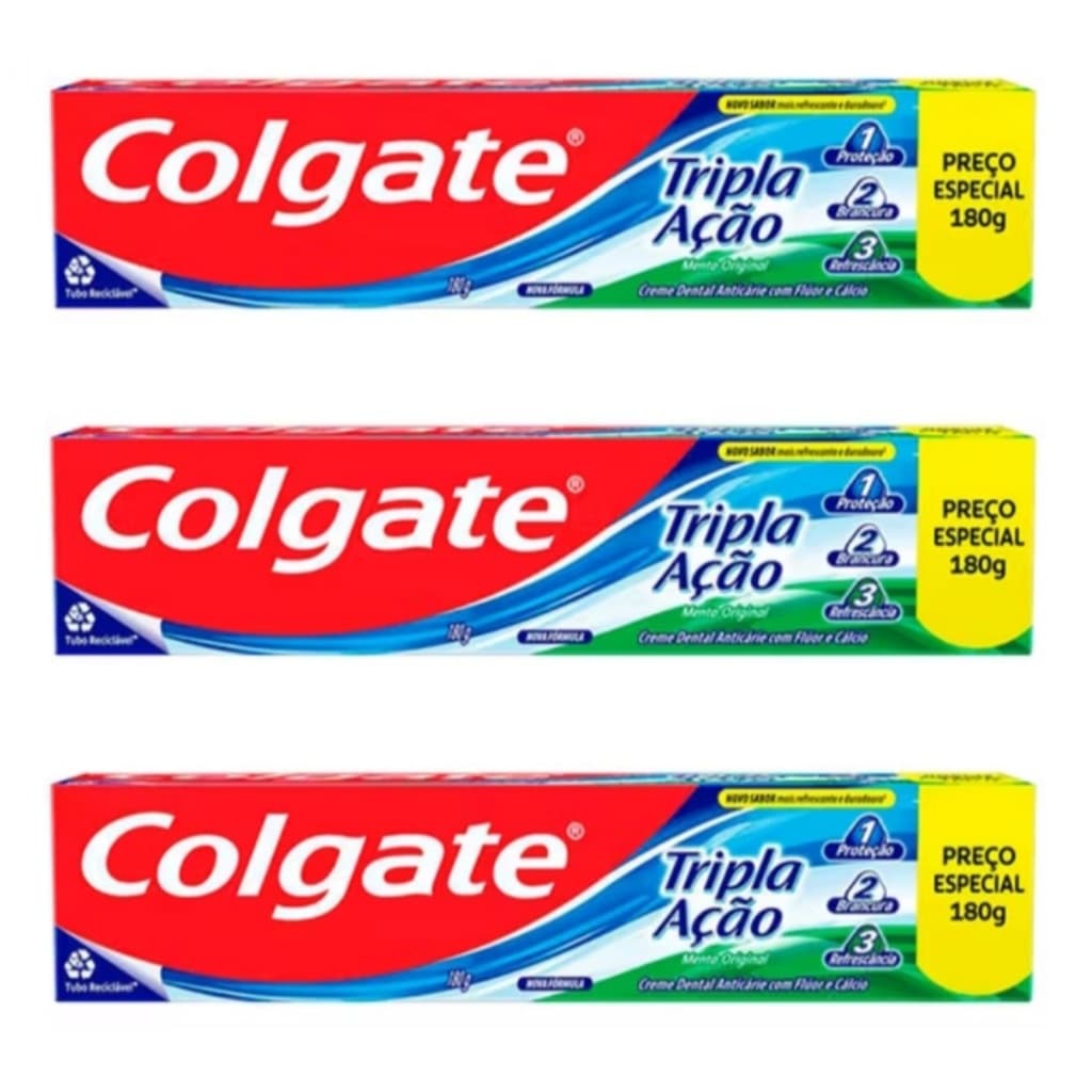 Kit 3 Creme Dental Colgate Tripla Ação 180g Tamanho Família