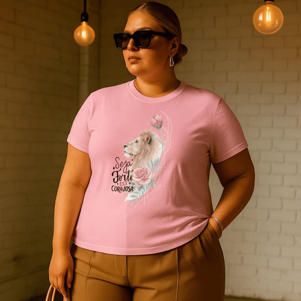 Camiseta Plus Size Feminina Estampada Leão Cristã Forte 100% Algodão Premium Verão Academia Treino Blusa Camisa