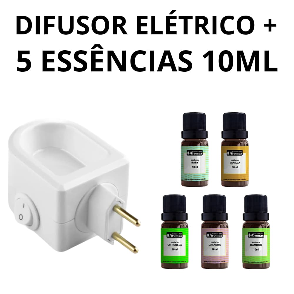 Kit Difusor Elétrico de Plástico de Aromas Bivolt + 5 Essências 10ml Paraíso dos Aromas