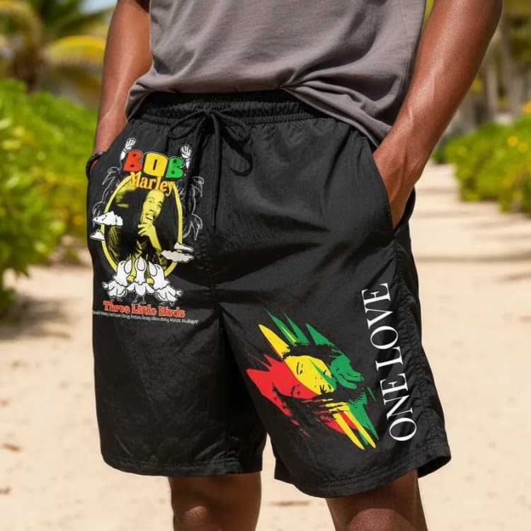 Bermuda Tectel Bob Marley One Love Rastafari Reggae Leve Com Ajuste Elástico Bolso Lateral Seca Rápido