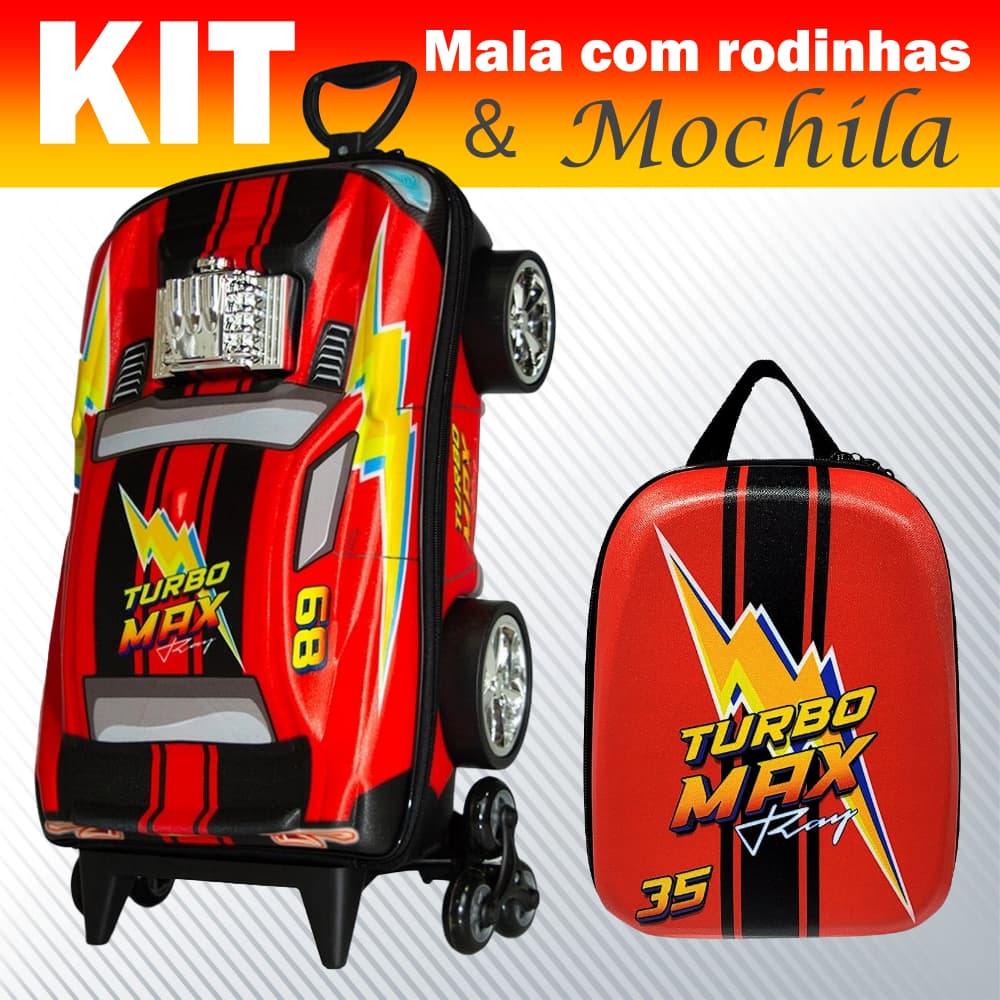 Kit Mala e Mochila Carrinho Infantil Turbo Max 3D Max Toy Volta as aulas Menino 3 rodas 3 rodinhas