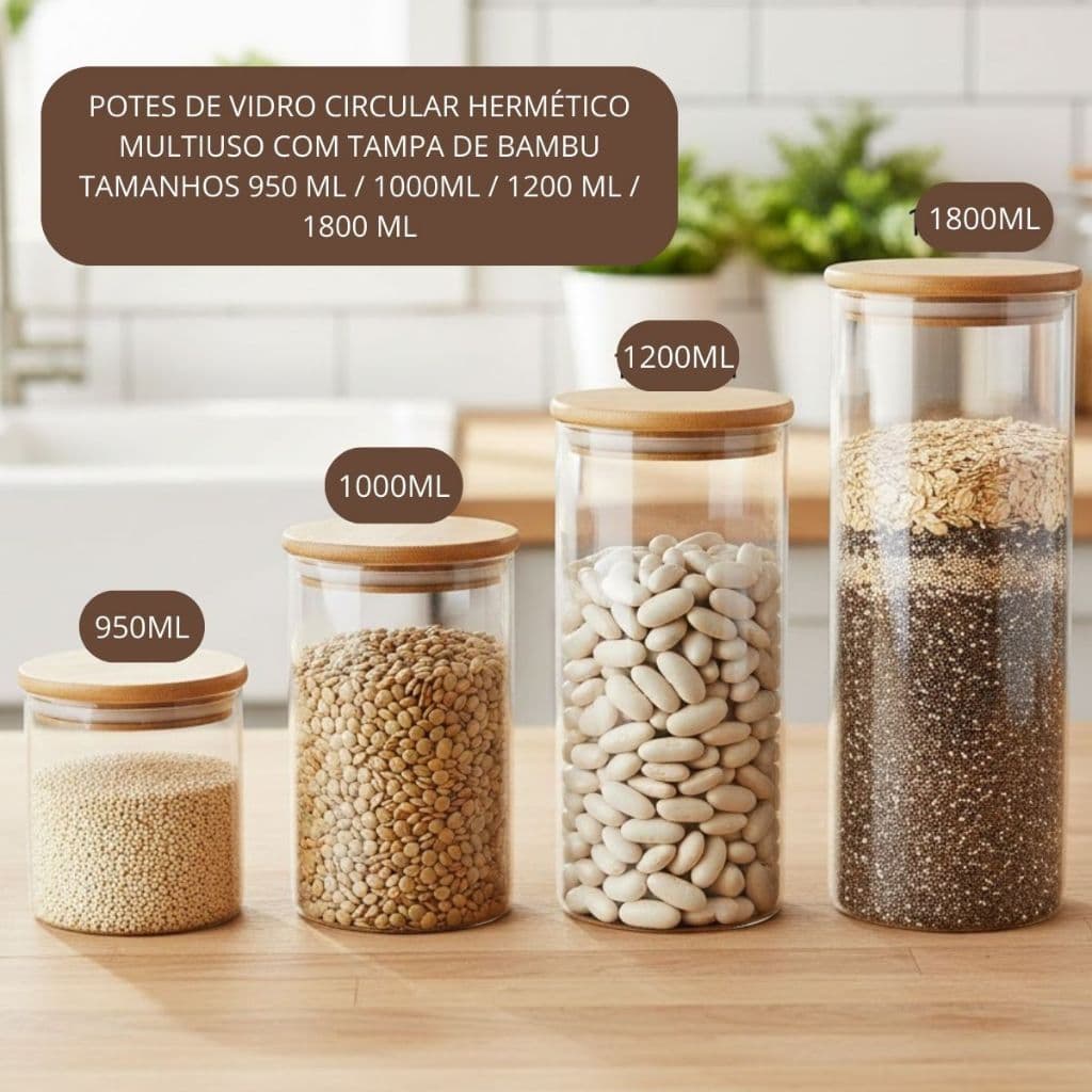 Potes de Vidro Circular Hermético Multiuso Tampa de Bambu - 950 ML / 1000 ML / 1200 ML / 1800 ML