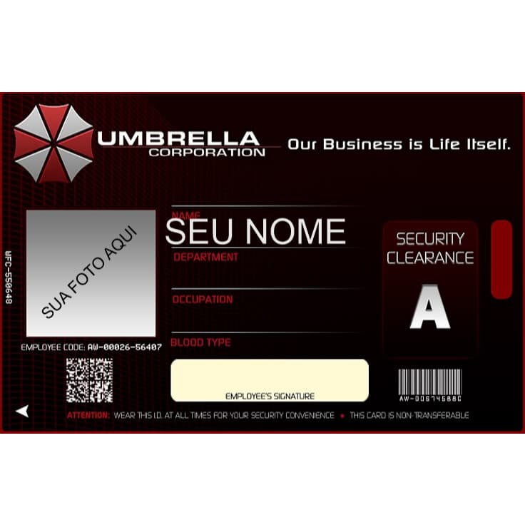 Resident evil cartão umbrella corporation 1.0 pvc com sua foto e nome