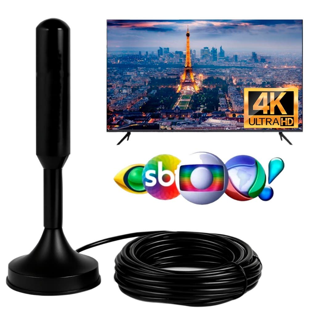 Antena Digital HDTV 4K Amplificada – Interna/Externa, Base Magnética Cabo Copa 2026