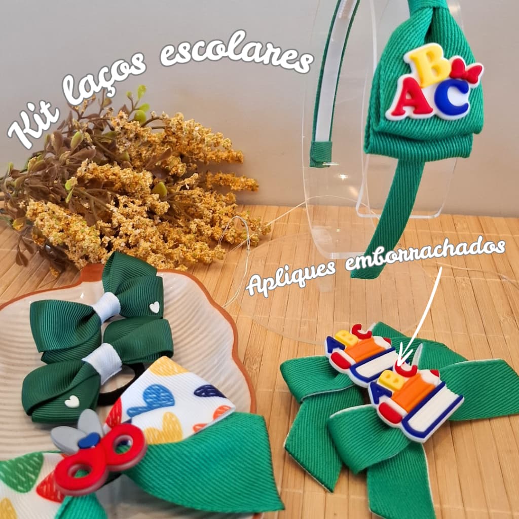Kit laço escolar Laço volta às aulas Tiara escolar azul verde vermelho