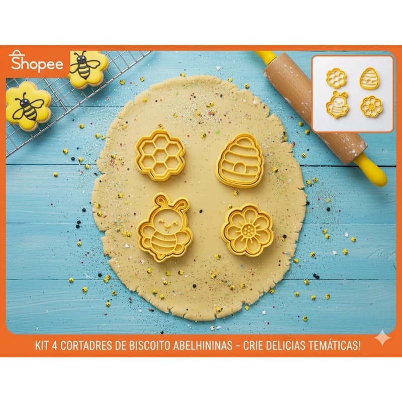 Kit 4cortador de biscoito tema abelhinha com puxador