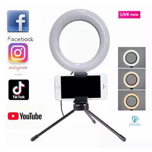 Iluminador Ring Light 6 Polegadas com Tripe e Suporte para Celular - Ideal para Digital Influencer, Video Conferencia