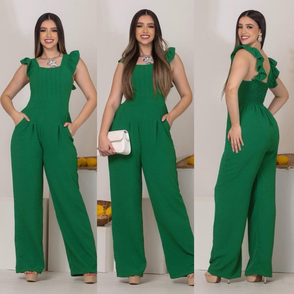 Macacão pantalona moda feminina tecido Duna forrado com Bojo elastex nas costas Bolsos
