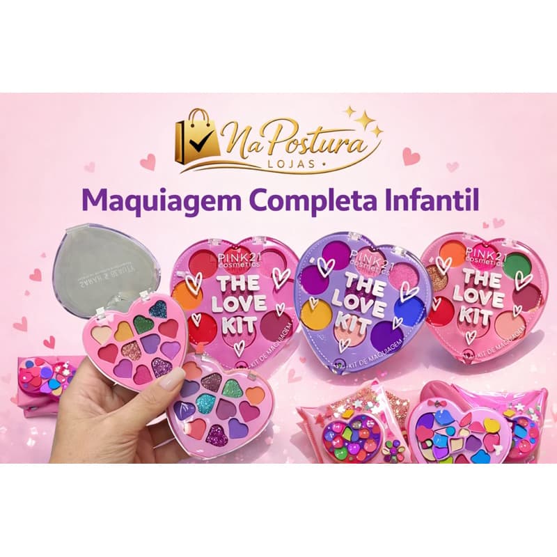 Kit Maquiagem Infantil The Love Kit – Estojo em Formato de Coração – Sombra, Blush e Glitter