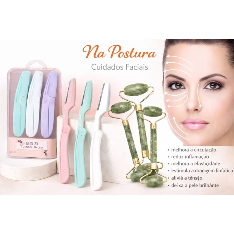 Navalha para Sobrancelhas | Massageador Facial Jade Roller | Cuidados Faciais | Depilação | Skincare