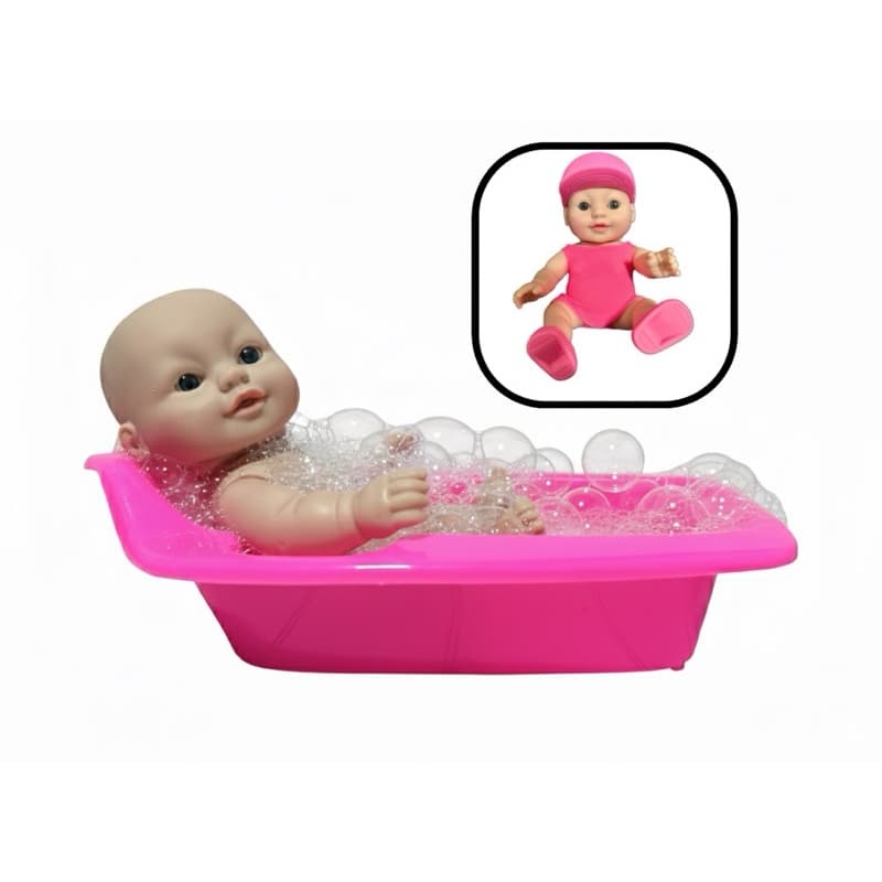 Boneca Elya roupa tecido lilás com Banheira 20cm Brinquedo Infantil Banho Educativo Menina